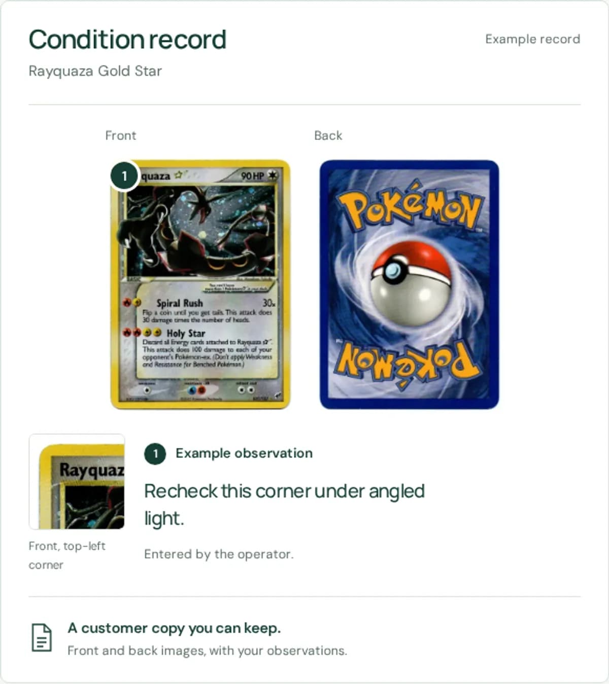 CardRevive Inspector sample condition record comparing the front and back of a trading card