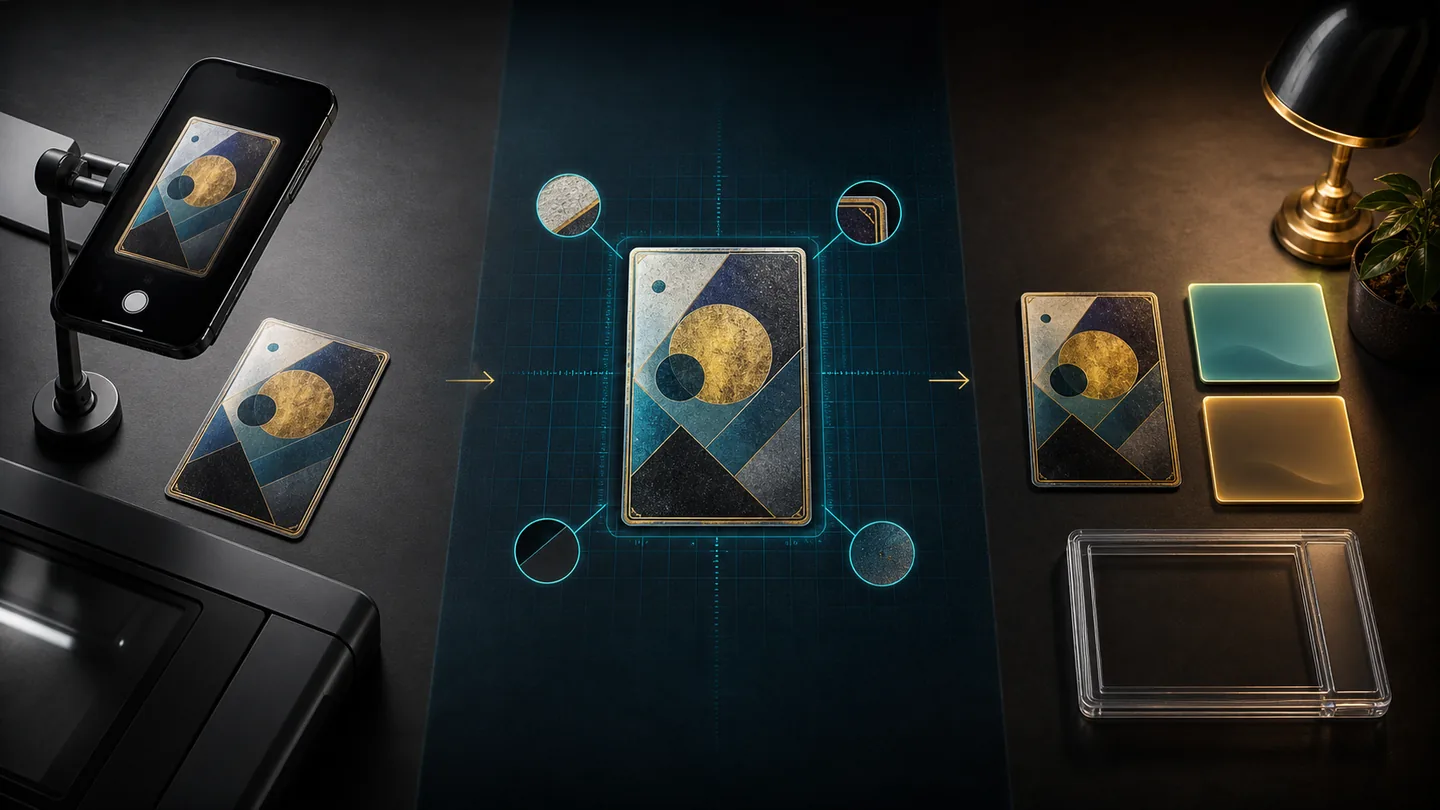 A generic card moves from careful phone capture to condition inspection and an unlabelled submission decision.