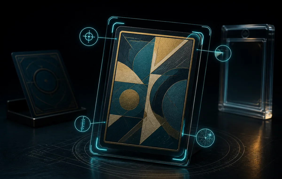 Generic collectible card framed by four cyan condition-inspection markers beside an empty protective case.